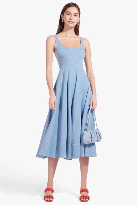 STAUD WELLS DRESS PEONY Denim Midi Dress, 20s Fashion, Corset Style, Clothing Size Chart, Light Wash Denim, Well Dressed, Denim Fabric, A Line Skirt, Dress Details