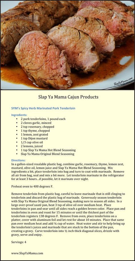 Slap Ya Mama Recipes, Slap Ya Mama Seasoning Recipe, Slap Ya Mama Seasoning, Marinated Pork Tenderloin, Slap Ya Mama, Pork Steak Recipe, Pork Tenderloins, Pork Tenderloin Recipe, Meat Rubs