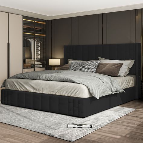 Discover luxury and convenience with our Modern Queen Size Wingback Upholstered Platform Bed in Black. Featuring lift-up storage and Type-C & USB charging ports, this bed combines style with functionality. Elevate your bedroom today! High Black Bed Frame, Bed Frame King, Ultra Set: Bed Frame + Headboard, King Size Bed Black Modern, California King Bed Black, Tall Upholstered Headboard, Black Queen Sized Led Bed Frame, Velvet Bed Frame, Velvet Upholstered Bed