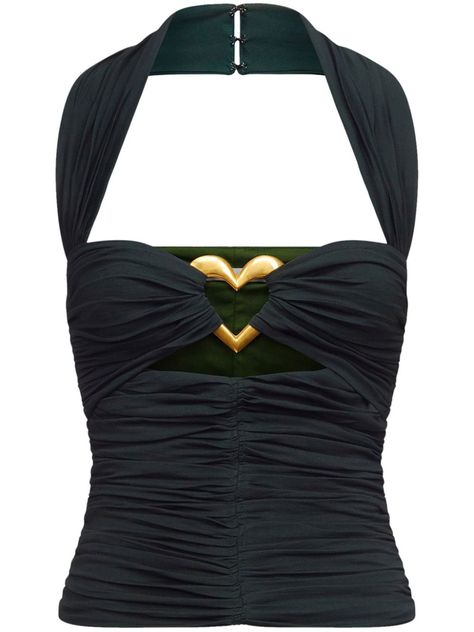 dark green rayon blend stretch-design heart motif halterneck rear hook fastening ruched detailing straight hem Heart Top Aesthetic, Area Clothes, Dark Green Outfits, Ruched Halter Top, Fashion Png, Cutout Top, Heart Motif, Black Halter, Halter Tops