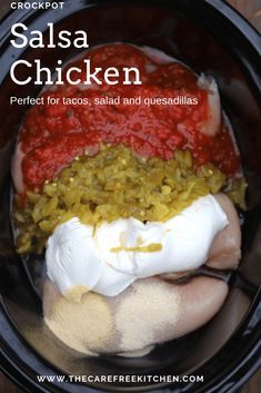 This creamy Crockpot Salsa Chicken is so easy!Â  You can dump the Salsa Chicken ingredients in the crockpot and it's ready to go!Â  This salsa chicken has a creamy salsa dressing over shredded chicken.Â  This recipe is very versatile and can be used for tacos, burrito bowls, salad, and quesadillas. #salsachicken #chickenrecipes #slowcooker #crockpot #creamy #easy #dinner #food #recipe #recipes #thebest Creamy Salsa Dressing, Crockpot Salsa Chicken, Salsa Dressing, Crockpot Salsa, Salsa Chicken Crockpot, Slow Cooker Salsa Chicken, Slow Cooker Salsa, Chicken Crockpot Recipes Healthy, Creamy Salsa