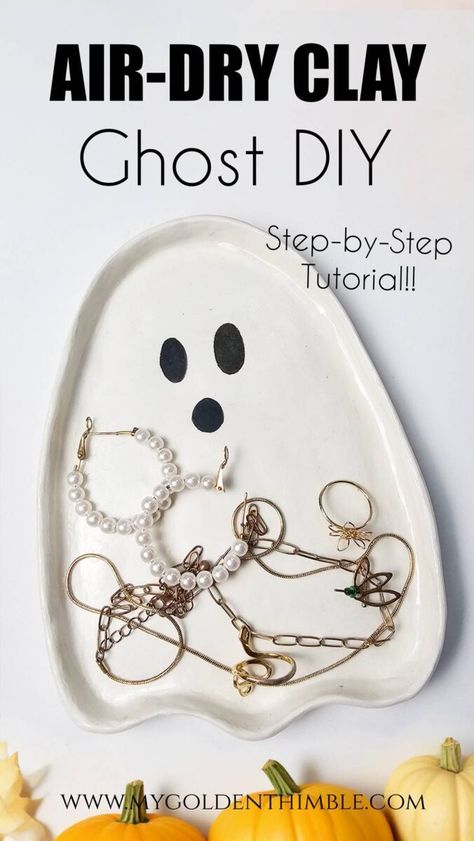 Super Cute Air Dry Clay Ghost Tray DIY - My Golden Thimble Air Dry Clay Ghost, Cute Air Dry Clay, Easy Air Dry Clay, Halloween Sewing Patterns, Clay Ghost, Halloween Sewing Projects, Fall Sewing Projects, Ghost Diy, Halloween Sewing