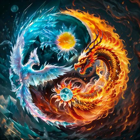 Chinese Dragon And Phoenix Art, Phoenix And Dragon Art, Dragon Phoenix Tattoo, Ying Yang Art, Phoenix Artwork, Mother Earth Art, Phoenix Dragon, Yin Yang Art, Owl Artwork