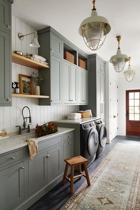 20 Transitional Mudroom Decor Ideas » Lady Decluttered Transitional Mudroom, Laundry Room Addition, Grey Shaker Cabinets, Transitional Laundry Room, Farmhouse Mudroom, Inset Cabinetry, White Shiplap Wall, Laundry Room Sink, Mudroom Decor