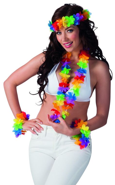 807- set hawaiano: collar, vincha, 2 muñequereas Hawaiian Fancy Dress, Tropical Accessories, Crazy Summer, Birthday Party Accessories, Hula Skirt, Hawaiian Lei, Hawaii Party, Hawaiian Party, Fancy Dress Accessories