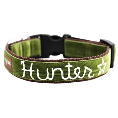 Green Velvet Personalized Dog Collar - 'Hunter' Embroidered Dog Collar, Velvet Dog Collar, Red Dog Collar, Leather Dog Collar Custom, Dog Collar With Name, Embroidered Dog, Designer Dog Collars, Fancy Dog, Standard Poodles