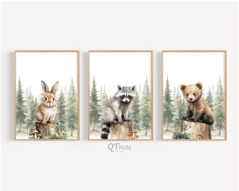 Woodland Pictures For Nursery, Baby Room And Office Combo, Baby Boy Room Ideas Themes, Woodsy Nursery, Sage Room, Woodland Illustration, Canadian Animals, Nursery Idea, Forest Animal Nursery