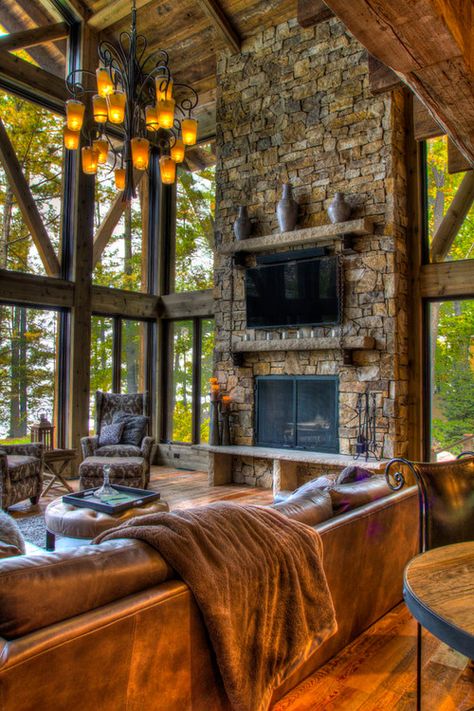 Makes you feel as if you are outdoors with the rock/stone, wood and awesome windows with trees Stone Farmhouse, Unique House Design, Cabin Living, Barn Ideas, Log Cabin Homes, Unique Houses, Design Del Prodotto, Rustic Living, Cabin Homes