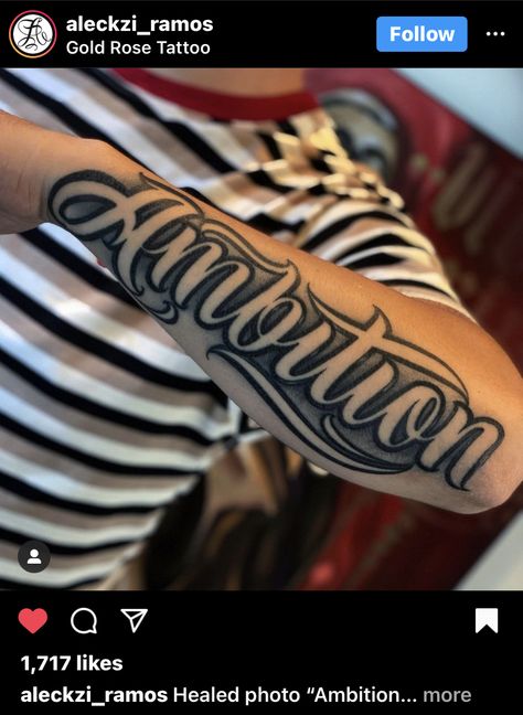 Forearm Last Name Tattoo Men, Tattoo Letter Shading Ideas, Name Tattoo Men Arm, Old English Forearm Tattoo, Ambition Tattoo Forearm, Large Script Tattoo, Big Word Tattoos On Arm, Bubble Letter Tattoos On Arm, Negative Shading Tattoo Letters