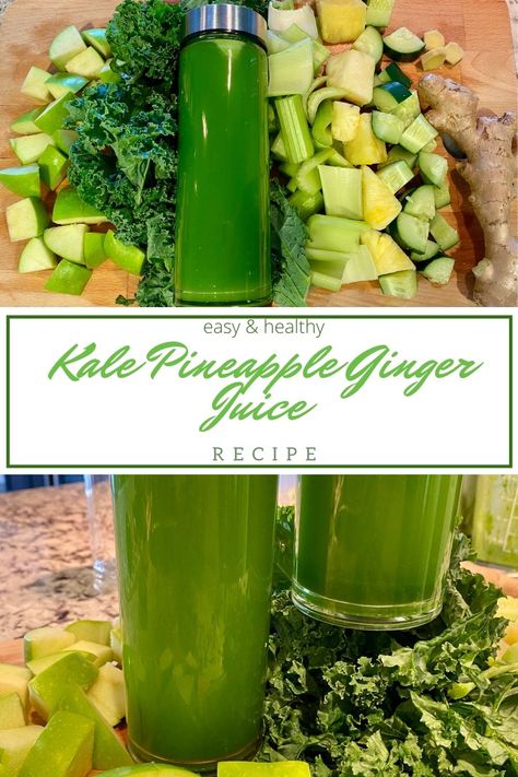 Kale Pineapple Ginger Green Juice Recipe - Elicit Folio Kale Pineapple Juice, Pineapple Kale Juice, Juice With Kale, Green Juice Recipes With Pineapple, Pineapple Green Juice, Cold Pressed Green Juice Recipes, Juicing With Kale, Juicing Pineapple, Batch Juicing