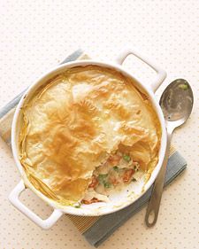 Lighter Chicken Pot Pie!  A handful of tweaks turn this comfort food into a smarter choice: white-meat chicken (not dark), extra veggies, low-fat milk in the filling, and a lighter crust. Brushing the phyllo with just a small amount of oil instead of butter makes it just as tasty. Chicken Potpie, Meat And Vegetables, Protein Smoothies, Chicken Pot Pie Recipes, Think Food, Chicken Pot, Chicken Pot Pie, Pot Pie, Family Recipes