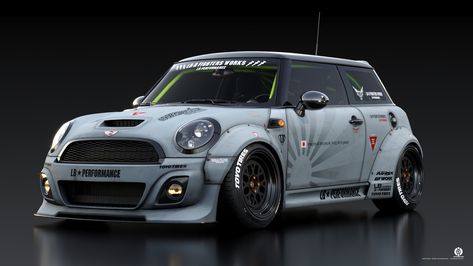 Liberty Walk Zero Fighters by Russ SchwenklerJapanese body kit manufacturer Liberty Walk did a series of these "Zero Fighter" themed cars featuring their extreme wide body styling. Each features a combat ready look that mimics the low visibility appearance of modern US naval aircraft. This is my 3D replication of two of my favorites - The Mini Cooper and Ferrari 458 Mini Cooper Wide Body Kit, Wide Body Mini Cooper, Mustang Tuning, Zero Fighter, Mini Cooper Custom, Custom Motorcycles Harley, R35 Gtr, Suzuki Wagon R, Tuning Cars