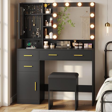 PRICES MAY VARY. 【Makeup Mirror with 10 Dimmable Bulbs and Hidden Storage】-The vanity desk is equipped with an HD mirror and 10 bright Hollywood plastic bulbs, provides 3 color modes (warm/natural/cool) and adjustable brightness, this makeup vanity can meet all your different needs, Behind the HD LED mirror hides 2 storage shelf so you can place private items of different height. 【Makeup Vanity with Jewelry Storage】-Effortlessly organize your jewelry with our compact vanity's specialized compart Makeup Dresser Organization, Cabinets For Bedroom, Vanity With Lighted Mirror, Luxury Makeup Vanity, Dark Modern Bedroom, Black Vanity Desk, Wood Makeup Vanity, Storage Vanity, Desk With Shelves