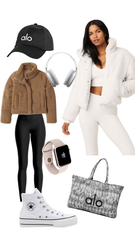 #aloyoga #pufferjacket #puffer #sherpa #athleisure #alo #outfitinspo #yoga #ootd Alo Puffer Jacket Outfit, Alo Sherpa Jacket Outfit, Alo Outfit Ideas, Sherpa Coat Outfit, Yoga Ootd, Alo Outfit, Alo Yoga Outfit, Sherpa Jacket Outfit, Class Fits