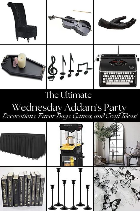 Everything you need to throw an EPIC Wednesday Addams Party! Decorations, Crafts, Favor Bags, and Unique Game Ideas! Wednesday Theme Bday Party, Wednesday Addams Sweet 16, Wednesday Addams Scavenger Hunt, Wednesday Party Activities, Wednesday Birthday Party Activities, Wednesday Addams Games, Wednesday Birthday Party Theme Ideas, Wednesday Addams Craft Ideas, Addams Family Party Games