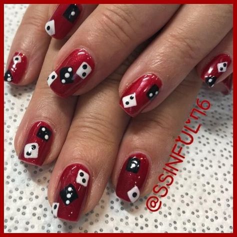 Nails With Dice Design, Las Vegas Nail Designs Ideas, Vegas Style Nails, Vegas Gel Nails Ideas, Red Vegas Nails, Dice Nail Art, Dice Nails Design, Gambling Nails, Casino Nails Designs