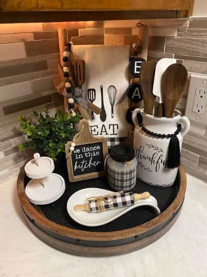 Counter Corner Ideas, Island Tray Decor, Kitchen Island Tray, Kitchen Island Tray Decor, Kitchen Counter Corner, Kitchen Island Decor Centerpieces, Island Decor Ideas, Kitchen Island Decor Ideas, Farmhouse Kitchen Inspiration