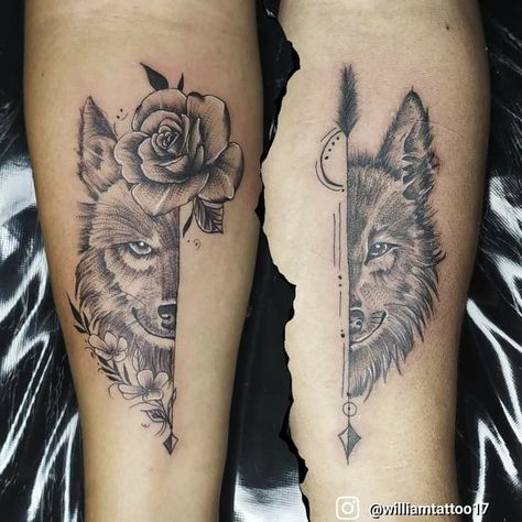 Brother Sister Wolf Tattoo, Mother And Son Wolf Tattoo, Couple Dove Tattoos, Husband And Wife Wolf Tattoos, Mother Daughter Wolf Tattoos, His And Her Wolf Tattoos Couple Tat, Couple Wolf Tattoo Ideas, His And Hers Wolf Tattoos, Wolf Tattoo For Couples