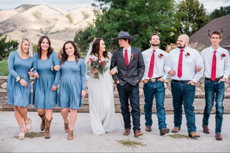 Bridesmaid Jeans, Groomsmen Attire Jeans And Boots, Blue Jean Wedding, Country Wedding Dresses Bridesmaid, Country Wedding Bridesmaids, Baby Blue Bridesmaid Dresses, Wedding Dusty Blue, Dusty Blue Bridesmaid Dress, Jeans Wedding