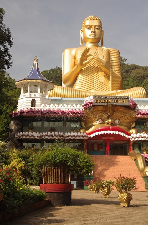 Golden Temple, Dambulla, Sri Lanka. The giant golden Buddha that sits atop the lower golden temple as part of the significant historical site - the cave temple royalty free stock image Cave Temple, Golden Buddha, Golden Temple, Asia Travel, Historical Sites, Sri Lanka, Statue Of Liberty, Taj Mahal, Stock Images Free