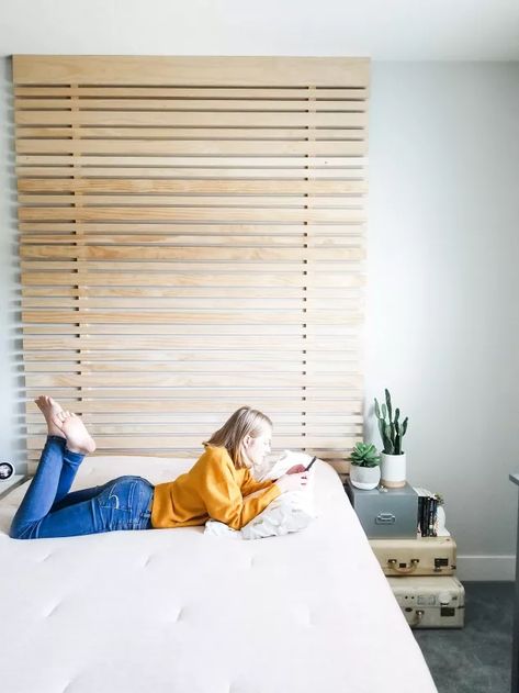 How to Make an Accent Wall + Headboard DIY | Hometalk Accent Wall Headboard, Diy Wallpaper Headboard, Slat Accent Wall, Farmhouse Bedroom Set, Bedroom Ceilings, Wall Headboard, Installing Wainscoting, White Linen Curtains, Concrete Retaining Walls