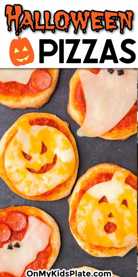 Close up of mini pizzas with cheese shaped like a jack-o-lantern, ghost and bat with title text overlay on top of the image. Ghost Pizza Bagels, Halloween English Muffin Pizza, Jack O Lantern Pizza, Halloween Pizzas, Halloween Dinner Party Food, Classroom Cooking, Lantern Ghost, Creepy Food, Spooky Dinner