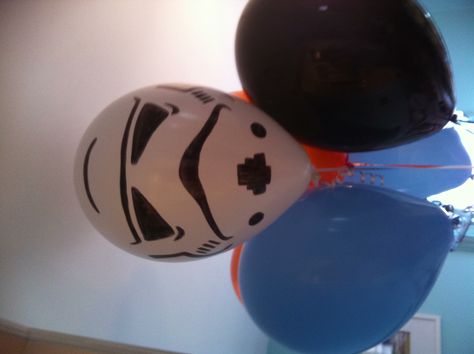 Storm Trooper drawn on white balloon with a good old sharpie marker- turned out great! Storm Trooper Balloons, Star Wars Birthday Balloons, Storm Pooper Onesie, Storm Trooper Blaster, Storm Trooper Dancing, May The Fourth Be With You, Halloween Balloons, Star Wars Birthday Party, Sharpie Marker