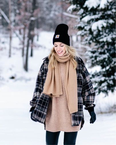 Outfit With Shacket, Shacket Outfit, Snow Outfit, Snow Day, Oversized Shirt, Winter Scarf, Plaid Scarf, Camel, Plaid