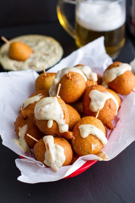 Mini Brat Corn Dogs with Caramelized Onion Cheddar Sauce | halfbakedharvest.com Ballgame Food, World Series Party, Wisconsin Recipes, Bratwurst Recipe, Sunday Snacks, Baseball Food, Baseball Snacks, Beer Cheese Sauce, Wisconsin Food