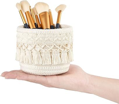 Make Up Brush Organizer: This mini macrame decorative basket with tassel would be a great addition to anyone's home decor. Our mini woven basket takes up very little room on your vanity tabletop, it made of cotton rope,add a bohemian element, great for anywhere in your home. Storing Makeup Brushes, Lace Makeup, Bohemian Elements, Storage Bins Organization, Handmade Makeup, Chic Makeup, Mini Macrame, Makeup Brush Storage, Makeup Brush Holder