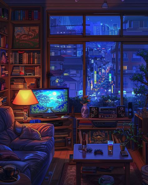 Night Room Aesthetic, Room Digital Art, Lofi Art, Chill House, Room At Night, Tokyo Apartment, The City At Night, Lofi Aesthetic, Peaceful Evening