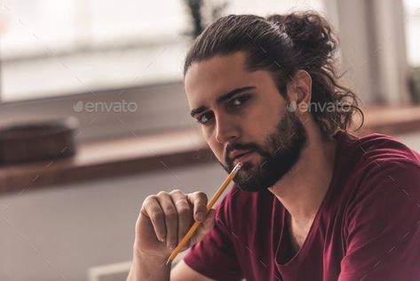 Man With Long Dark Hair, Holding A Pencil, Long Dark Hair, A Pencil, Photo Illustration, Food Photo, Dark Hair, Pencil, Hair