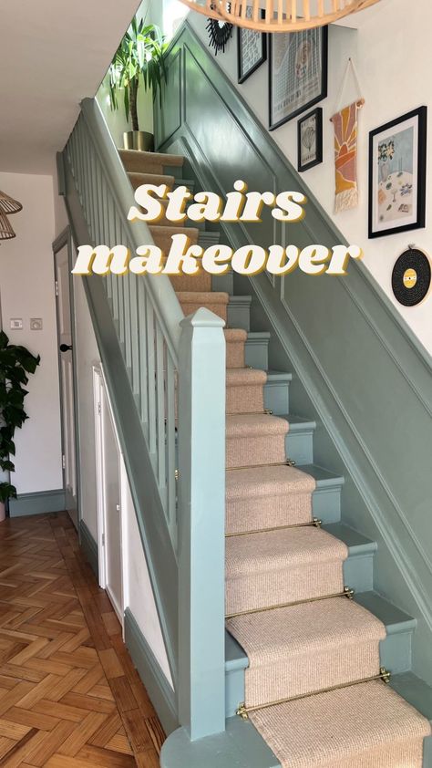 Green Painted Stairs With Runner, Olive Green Staircase, Staircase Ideas With Carpet, Townhouse Staircase Decor, Oak Stairs Makeover, Steps Ideas Stairs Indoor, Banister Paint Ideas, 1930 Staircase, Steep Staircase Ideas