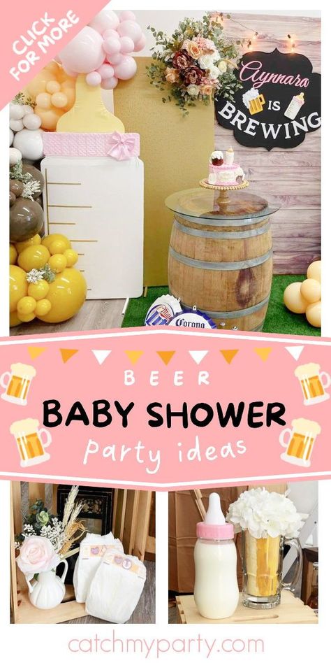 A baby is brewing at this lovely beer-themed baby shower! The decor is so cool! See more party ideas and share yours at CatchMyParty.com Baby Brewing Shower Ideas, Brewery Baby Shower Ideas, Whats Brewing Gender Reveal, Baby Is Brewing Shower Ideas, Beer Baby Shower Ideas, A Baby Is Brewing Baby Shower Ideas, Beer Themed Baby Shower Ideas, Brewery Baby Shower Decorations, Beer And Baby Shower Ideas