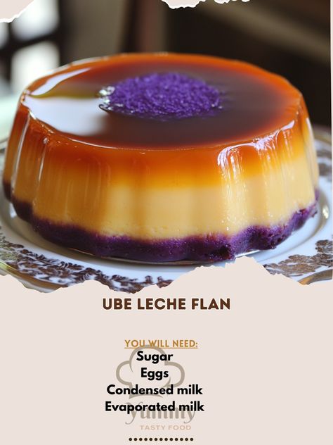 💜 "Indulge in the creamy, rich flavors of Ube Leche Flan—your favorite dessert with a delightful twist!" 💜🍮 #UbeLover #DessertGoals Ube Leche Flan Ingredients: Sugar (1 cup, for caramel) Eggs (10, large) Condensed milk (1 can, 14 oz) Evaporated milk (1 can, 12 oz) Ube halaya (½ cup) Vanilla extract (1 tsp) Instructions: Melt sugar in a pan over low heat to make caramel. Pour into a mold and let it set. In a bowl, beat eggs gently, then add condensed milk, evaporated milk, ube halaya, and ... Filipino Desserts Recipes, Ube Potato, Philippine Desserts, Ube Flan, Ube Recipe, Ube Dessert Recipe, Ube Extract, Filipino Sweets, Ube Halaya