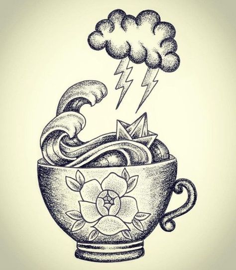 Storm in a teacup Tea Cup Drawing, Coffee Cup Tattoo, Tea Tattoo, Teacup Tattoo, Storm Tattoo, Storm In A Teacup, Cup Tattoo, On Tattoo, Bottle Drawing