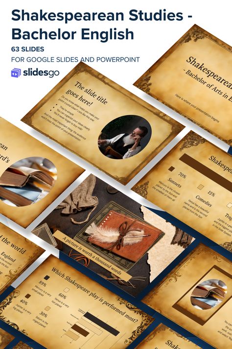 Literature Background Powerpoint, English Presentation Ideas, Ppt Vintage, Shakespeare English, University Presentation, Slidesgo Templates, Diy Wall Hanging Crafts, Shakespeare Words, Ppt Themes