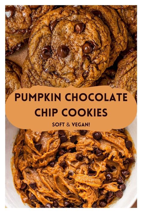 Vegan Pumpkin Cookies Chocolate Chip, Vegan Pumpkin Chocolate Chip Cookies, Heart Pumpkin, Patisserie Vegan, Pumpkin Cookie, Vegan Baking Recipes, Vegan Cookie, Pumpkin Chocolate Chip Cookies, Pumpkin Chocolate Chip