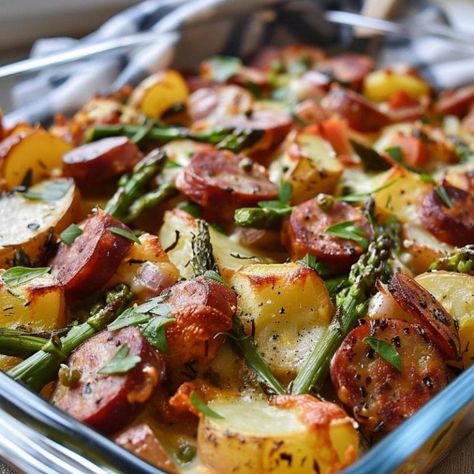 Sausage Potatoes Casserole, Sausage And Potato Casserole With Spring Veggies, Sausage Asparagus Recipes, Potatoes And Sausage Casserole, Sausage And Potatoes Casserole, Potato And Sausage Casserole, Potato Sausage Casserole, Sausage And Asparagus, Sausage And Potato Casserole