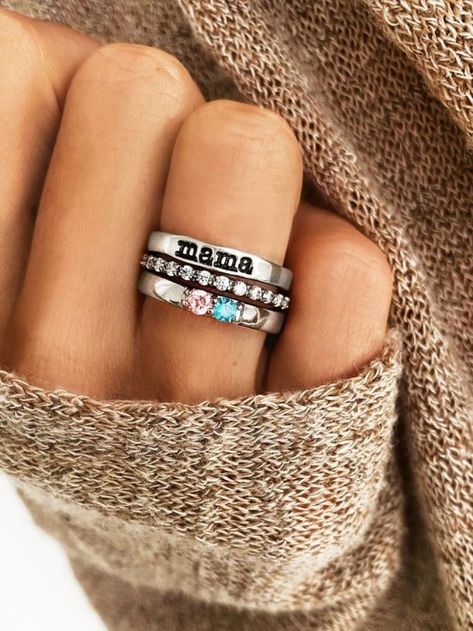 2 Birthstone Mothers Ring Stack | Cute jewelry, Mothers day rings, Mom jewelry Mama Ring Stack, Mothers Day Ring, Stackable Mothers Rings, Kids Birthstone Ring, Mother’s Ring, Mother Rings Ideas, Mothers Ring Ideas, Birthstone Ring Stack, Birthstone Stackable Rings