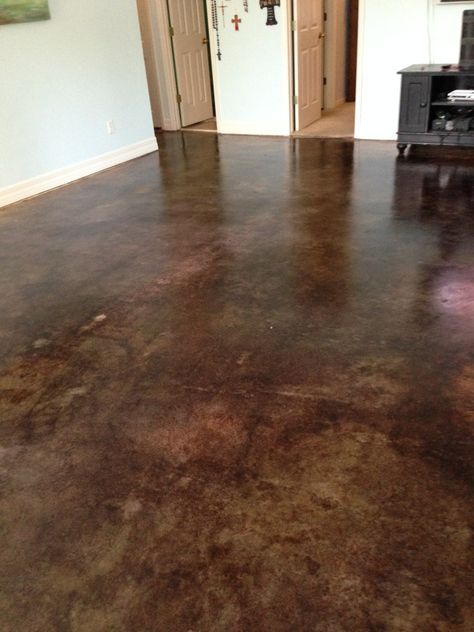 Terracotta Epoxy Floor, Stained Concrete Floors Bedroom, Dark Brown Concrete Floors, Stained Cement Floors In House, Brown Stained Concrete Floors, Kemiko Concrete Stain, Concrete Floors Farmhouse, Barndo Layout, Concrete Floors Kitchen