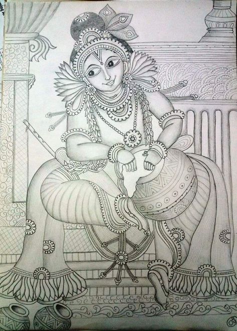 Kerala Mural Outline Sketches, Mural Painting Outline Sketches, Simple Kerala Mural Painting Sketch, Kerala Mural Painting Outline Sketches, Navaratri Drawings, Mural Outline, Outline Sketches, Mural Sketch, Buddhist Art Drawing