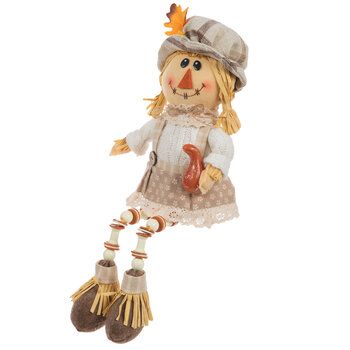 Add some familiar faces to your fall decor like this Scarecrow & Gourd Shelf Sitter. This plush figure has a seated bottom that helps it sit up. It wears a white cable knit sweater with a beige and gray floral skirt. Completing its festive attire are a hat, a crochet collar, an orange gourd, and raffia accents. Let this character's beaded legs dangle over a mantel or tabletop. Dimensions: 	 Length: 3 7/16" 	 Width: 7" 	 Height: 10" 	 Leg Length: 7 3/4" Thanksgiving Table Decoration, Fall Harvest Decorations, Festive Attire, White Cable Knit Sweater, Plaid Hats, Autumn Thanksgiving, Crochet Collar, Harvest Decorations, Thanksgiving Table Decorations