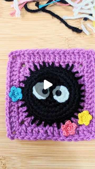 Soot Sprite Crochet Pattern Free, Studio Ghibli Crochet Granny Square, Studio Ghibli Crochet Blanket, Soot Sprite Granny Square, Ghibli Granny Square, Calcifer Crochet Pattern, Soot Sprite Crochet, Crochet Stuffies, Anime Convention