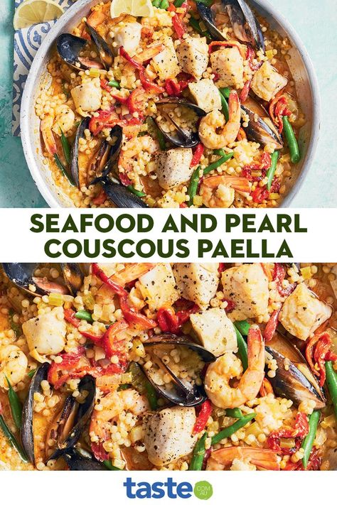 Harissa Chicken, Pearl Couscous, Paella Recipe, Couscous Recipes, The Mediterranean Diet, Seafood Dinner, Spanish Food, Low Cal, Mediterranean Diet