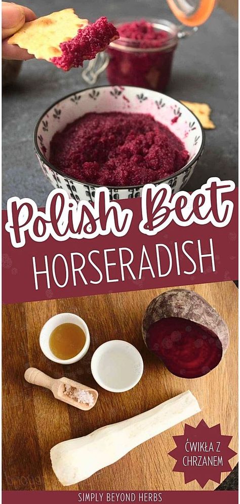 Learn how to make Healthy Recipes & Healthy Cooking by mastering Polish beet horseradish (ćwikła z chrzanem). This traditional relish combines grated beets and fresh horseradish, vinegar, salt, and sweetener for a flavorful, spicy condiment. Enjoy this Eastern European classic year-round. Find more simple appetizers, whole food recipes, and Eastern European food recipes at simplybeyondherbs.com. European Food Recipes, Eastern European Food, Simple Appetizers, Horseradish Recipes, Fresh Horseradish, Easy To Make Appetizers, Healthy Vegetable Recipes, Pickled Beets, Dressing Recipes