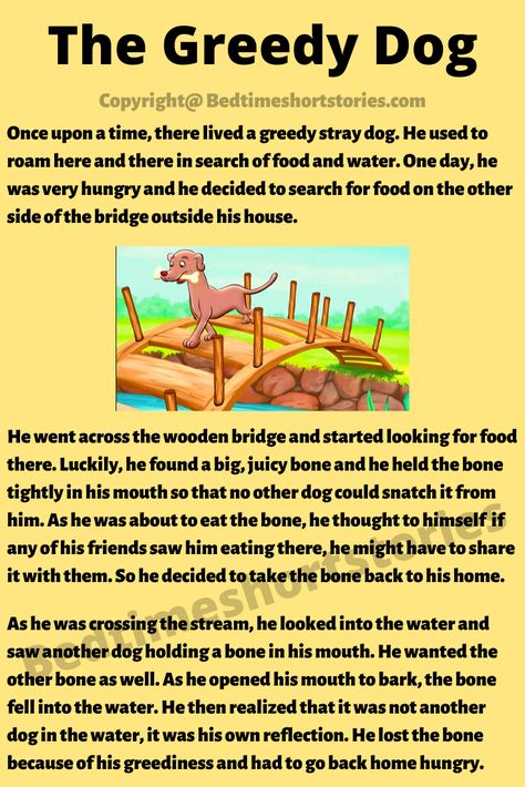 This is one of the most amazing short moral stories for kids, The Greedy Dog Story. Read the full story from the link above. Dog Story Ideas, Greedy Dog Story, The Greedy Dog, Small Stories For Kids, English Story Books, Stories With Moral Lessons, English Moral Stories, Moral Stories In Hindi, Very Short Stories