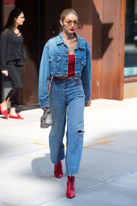 Wearing a vintage Levi's trucker jacket, RE/DONE Levi's jeans, and carrying a Stalvey bag while out and about in NYC.