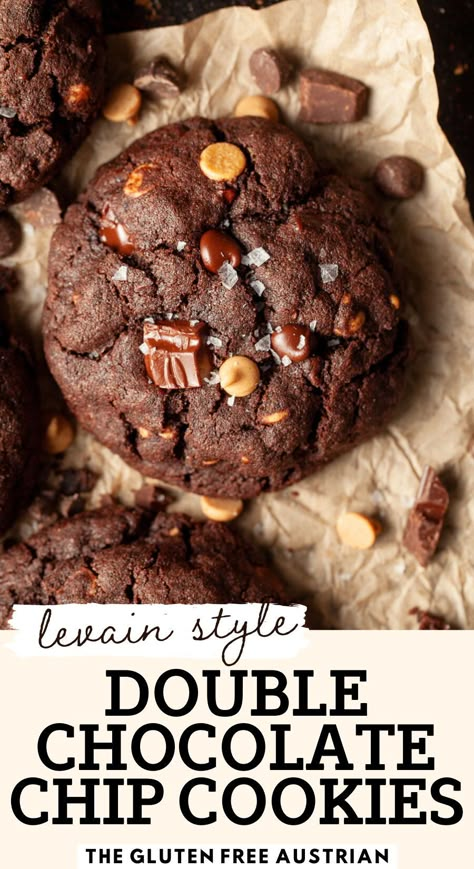 Giant, chocolatey, and absolutely indulgent, these gluten free double chocolate chip cookies are a dream come true for chocolate lovers. Inspired by New York’s famous Levain Bakery, these cookies are thick, fudgy, and gooey inside, with a touch of flaky sea salt for the perfect balance. A must-try for anyone craving a bakery-style gluten-free treat! Levain Red Velvet Cookies, Gluten Free Chocolate Cookie Recipes, Gluten Free Double Chocolate Cookies, Gluten Free Chocolate Sugar Cookies, Gluten Free Cookies Chocolate Chip, Gf Chocolate Chip Cookies, Levain Bakery Chocolate Chip Cookies, Chocolate Sea Salt Cookies, Gluten Free Chocolate Desserts