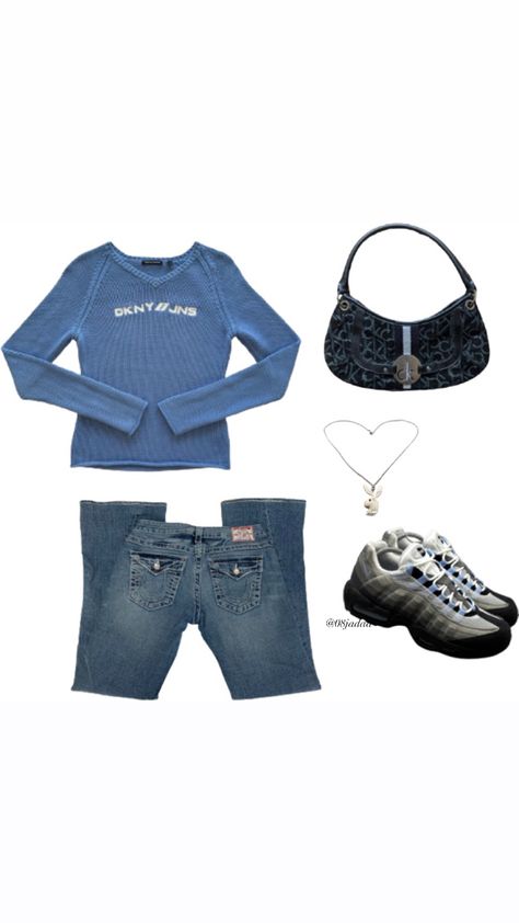 dkny sweater, dkny bag, true religion jeans, nike air max 95 aluminium outfit for women #fashion #y2kaesthetic #vintage #dkny #90sfashion #airmax95 Flared Low Rise Jeans Outfit, True Religion Outfits, Low Rise Jeans Outfit, Dkny Sweater, Vintage Dkny, Dkny Bag, Outfit For Women, Archive Fashion, Grunge Y2k